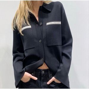 Nanushka Silvia Crochet-Trim Shirt – Black | Size L